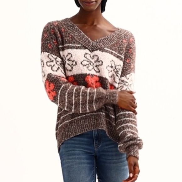 SO Womens V-Neck Pullover Sweater Oversized Chunky Knit Brown Daisy XS - Picture 5 of 12